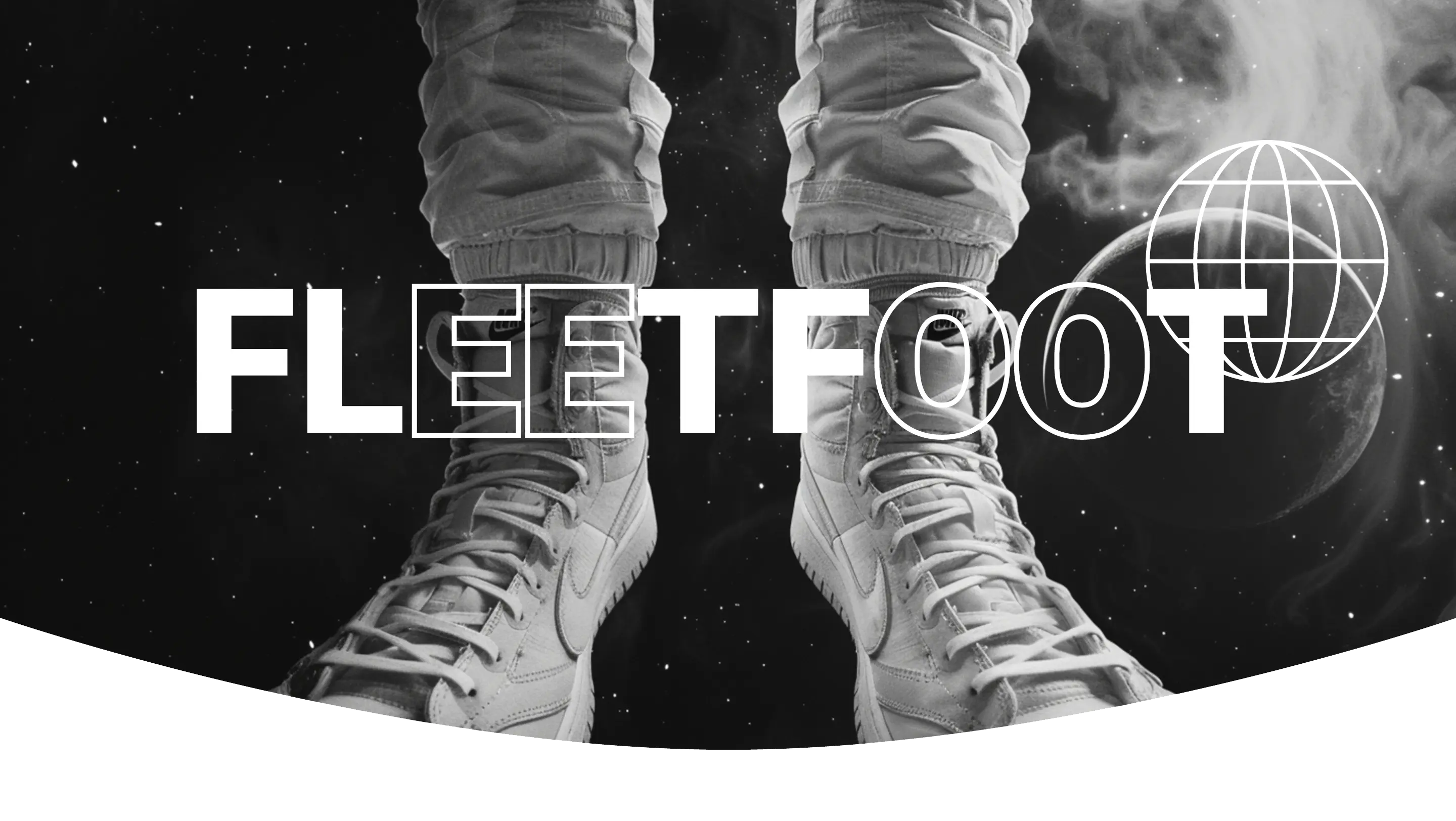 White sneakers with title text and globe icon.